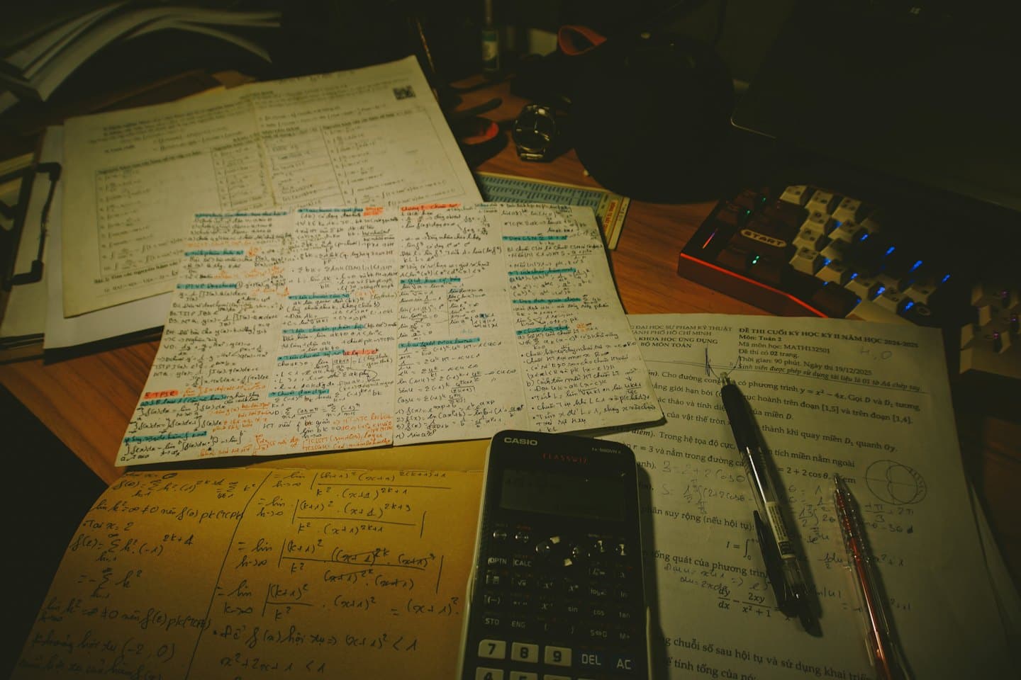 Student's desk with math notes and calculator for studying.