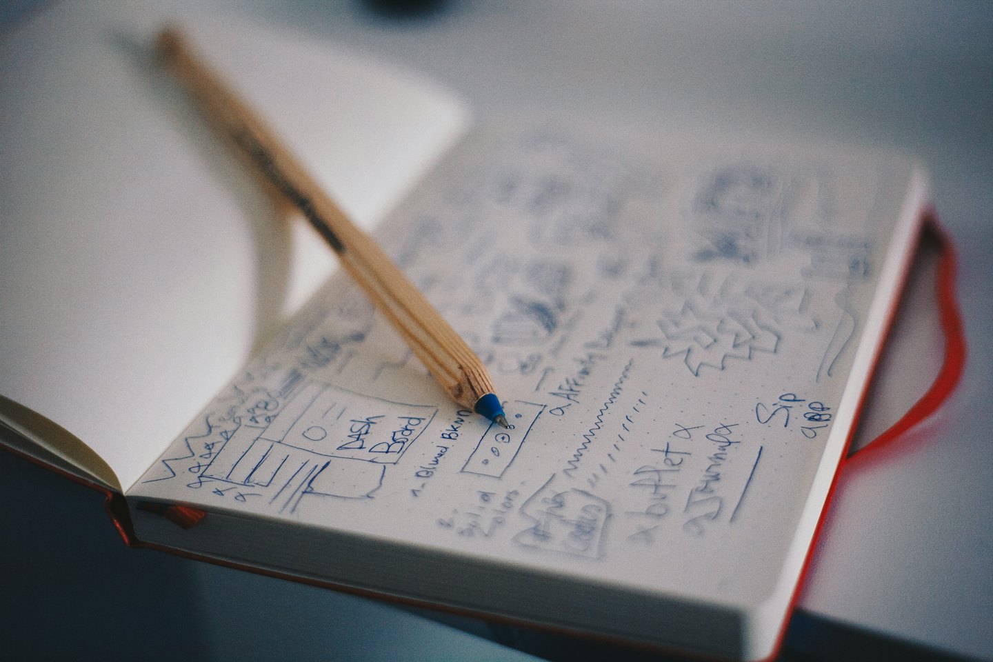 Notebook with pencil showing sketches and handwritten notes.